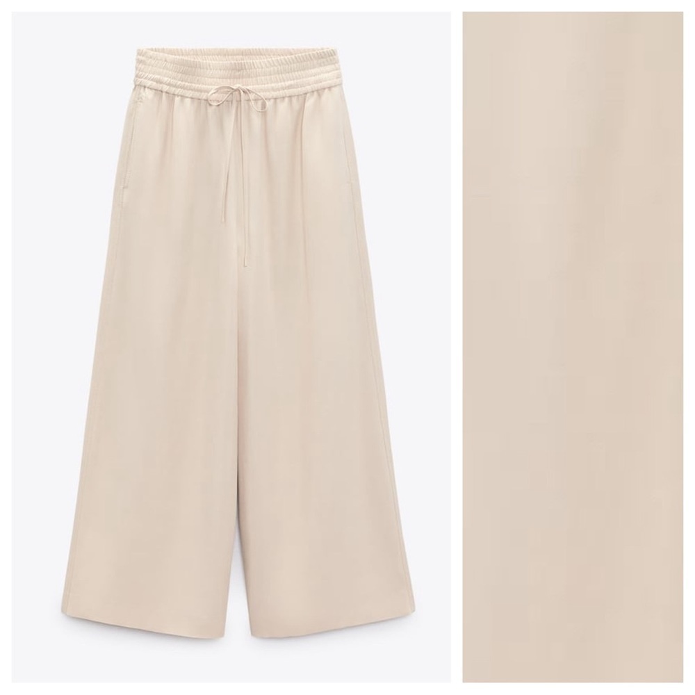 NWT. Zara Beige Viscose Wide-Leg Flowing High-Waist Trousers. Size L. - Picture 6 of 11